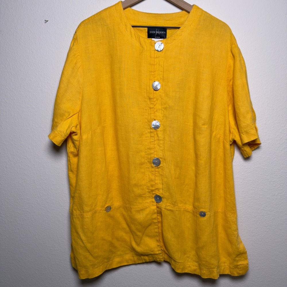 John Roberts Women 100% Linen Tunic Top 3X Yellow Button Front Lagenlook Coastal